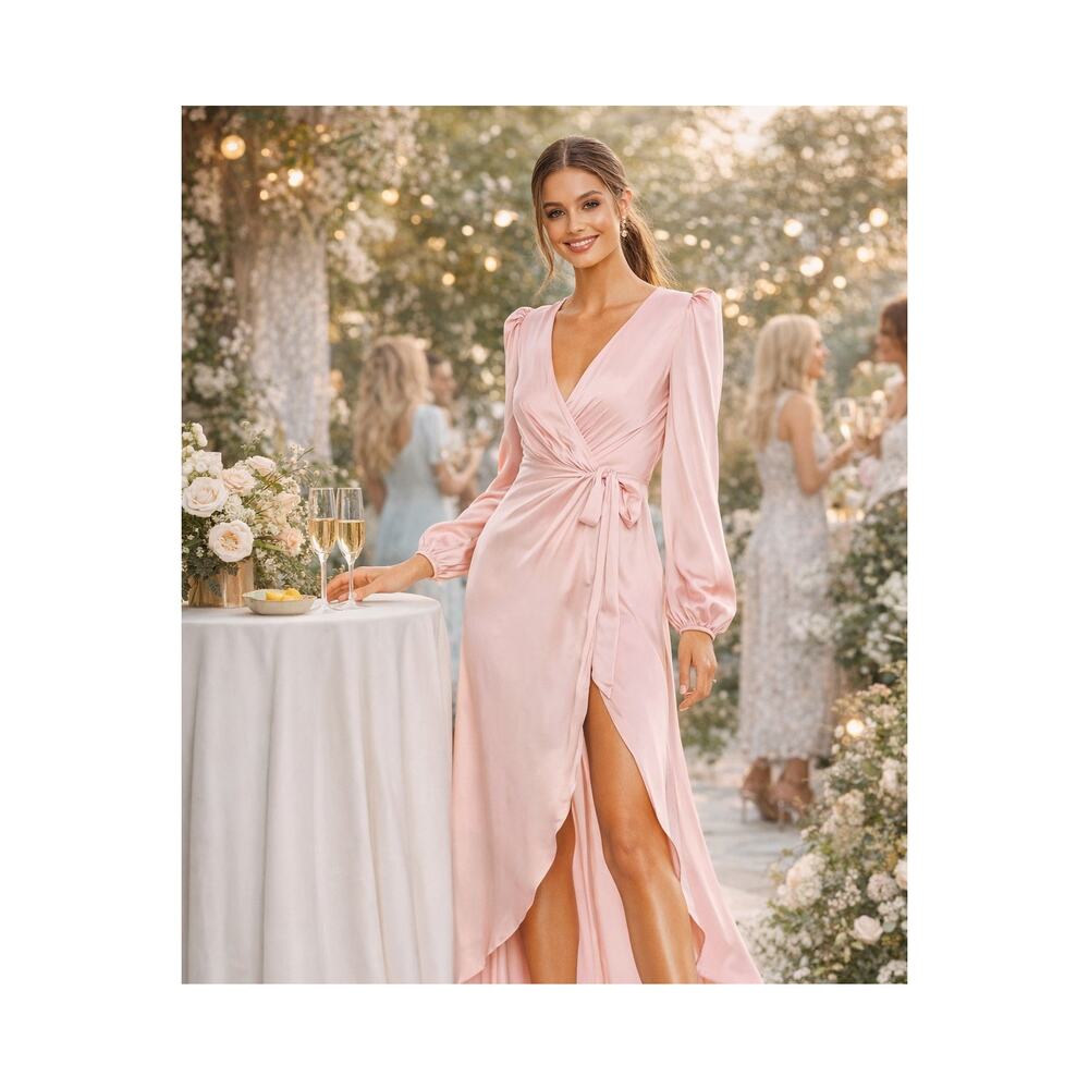New With Tags Ieena For Mac Duggal Pink Satin Maxi Dress Long Sleeve Formal 8
